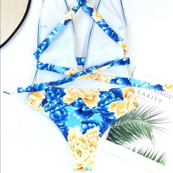 SHEIN Floral Print Criss Cross Plunging One Piece Swimsuit - Picture 2 of 3
